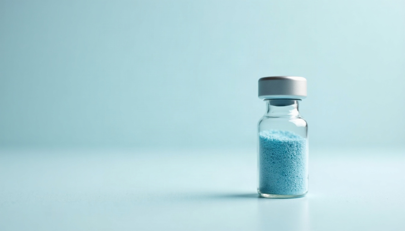 A single unlabelled research vial holding a faint light-blue powder